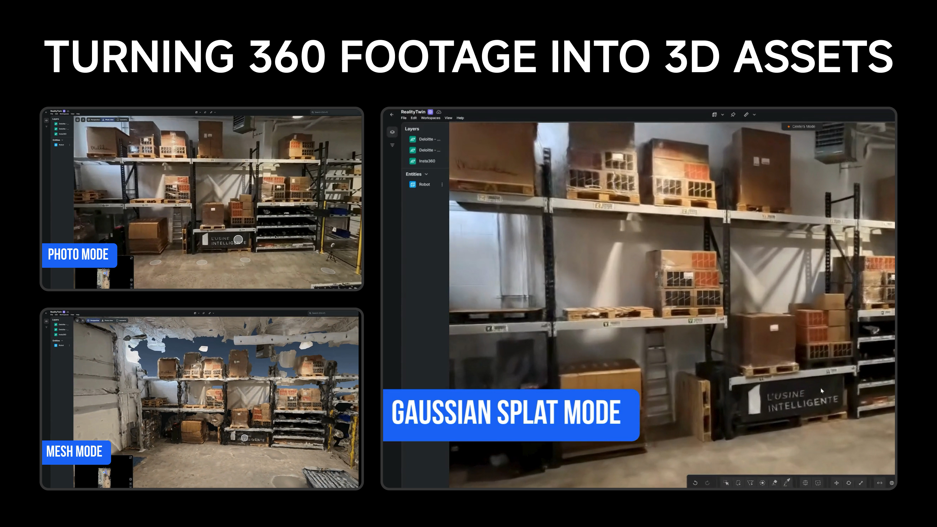 Showcase of 3D models and point cloud data processed from Insta360 panoramic video, demonstrating the transformation from video to immersive 3D environments